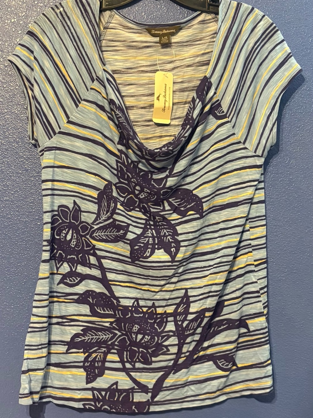 Tommy Bahama Light Blue Striped Floral Cowl Neck Tee